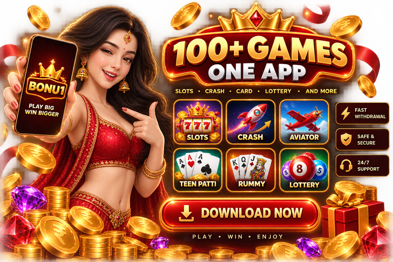 BONU1 app promotion featuring over 100 games including slots, crash, cards and lottery